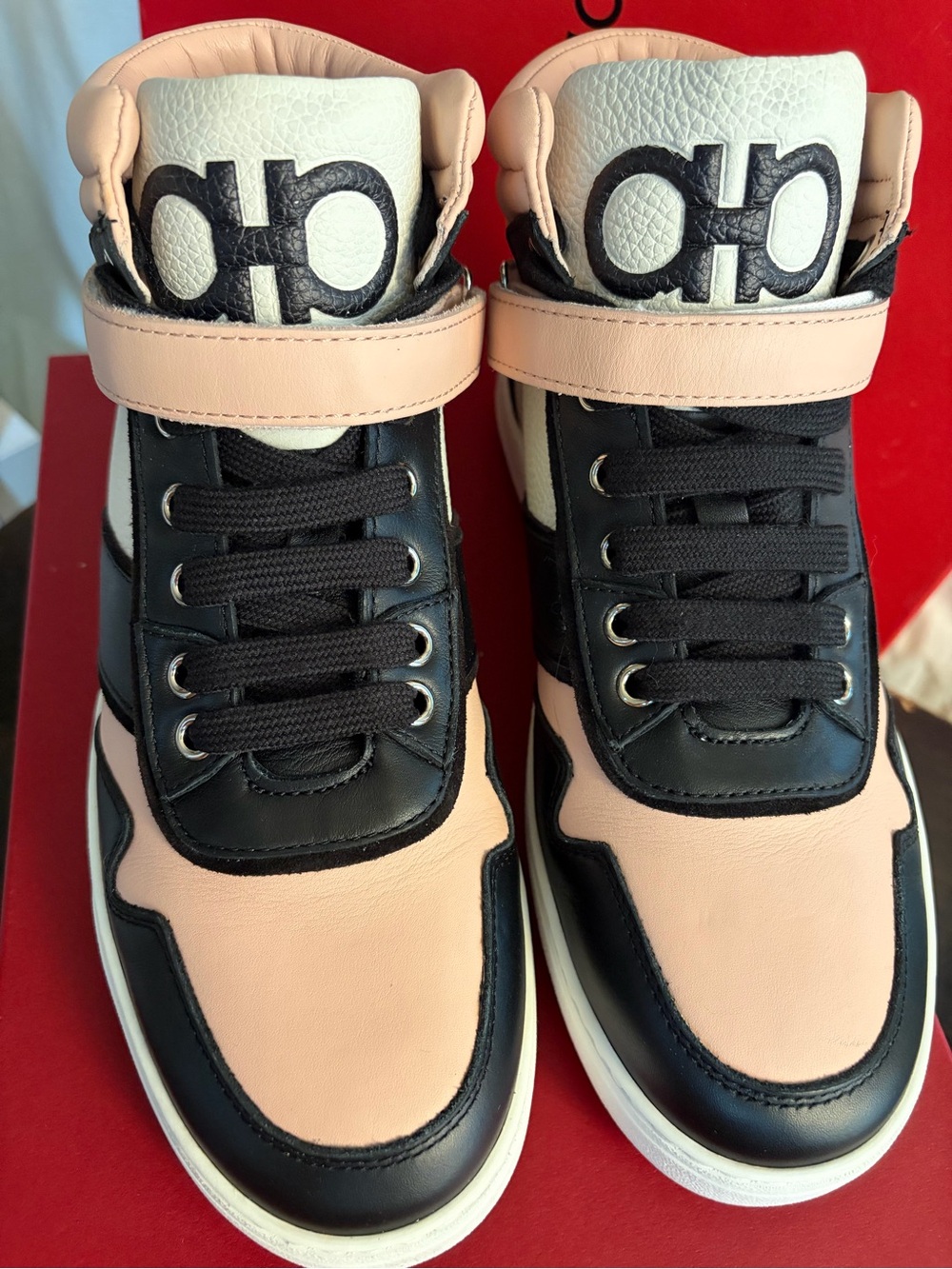 Salvatore Ferragamo Black & Pink High-Top Leather Sneakers